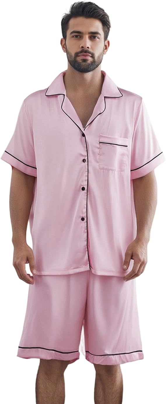 MXVPY His and Hers Summer Silk Pajamas-Short Sleeve Solid Color Satin Silk Pajamas for Couples|Holiday Pjs