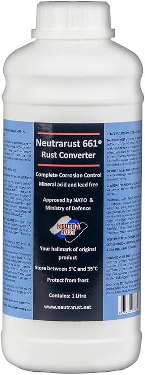 Rust Converter Treatment The Original Water based & Non-Hazardous. MOD & NATO Approved 10-12 square metres per litre (1 Litre)