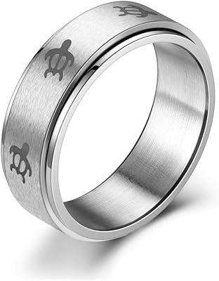8MM Stainless Steel Spinner Ring for Men Women Anxiety Relief Fidget Rings Band Animal Turtle Engraved