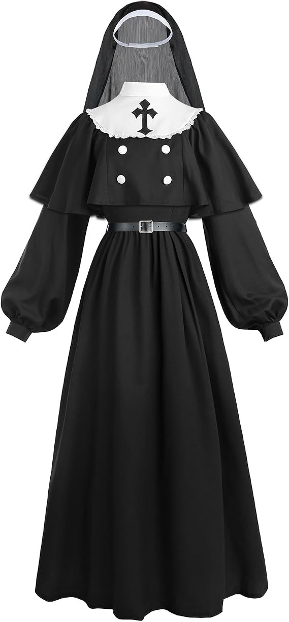 LTAKK the Nun Costume Scary Nun Outfit Priest Halloween Women Dress with Cape, Wimple and Belt