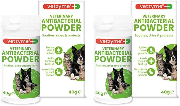 Vetzyme Veterinary Antibacterial Powder for Dogs, Cats and Small Pets - Gently Soothes, Dries and Protects the Skin From Harmful Bacteria 40g Pack of 2