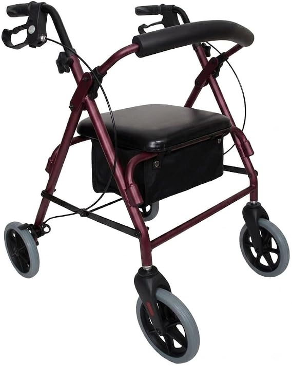 Angel Mobility Lightweight Folding Rollator Zimmer Frame 4 Wheels with Seat (Burgundy)