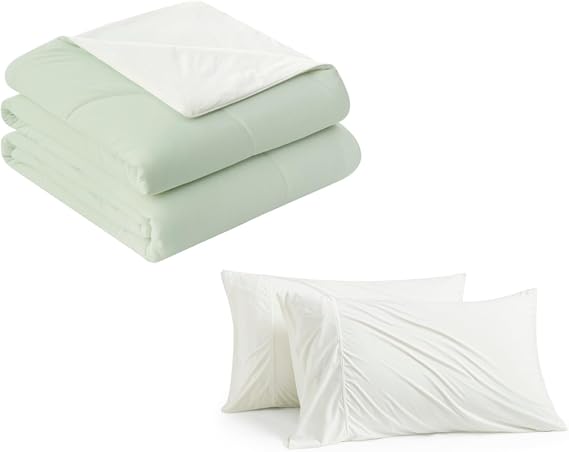 Cozy Bliss Cooling Pillowcases White 20 * 26 and Cooling Comforter Green White Queen Size 90 * 90