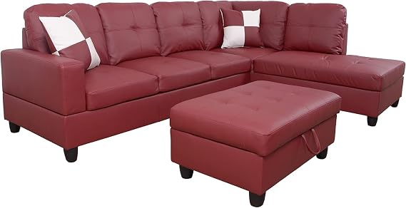 Bonded Leather Sectional Sofa Set & 2 Toss Pillows, L-Shaped Sofa & Chaise, Storage Ottoman for ApartmentHouseLiving RoomOffice (Red, Right Facing)