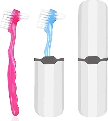 2-Piece Denture Cleaning Brush Set - Multi-Layered Bristles False Toothbrush with Ergonomic Handle and White Carrying Case for Fake Teeth Cleaning, Travel-Sized Oral Care Tool Blue&Red, One Size