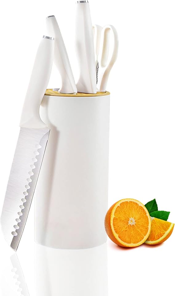 Kitchen Knife Set, 5PCS Stainless Steel Knife Set with Block, High Carbon White Kitchen Knife Set with Ergonomic Handle for Chopping Slicing Dicing Cutting Paring (White)