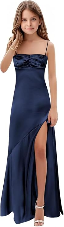 Satin Spaghetti Straps Junior Bridesmaid Dresses Long A-Line Flower Girl Dress Pleated Girls Formal Dress Slit