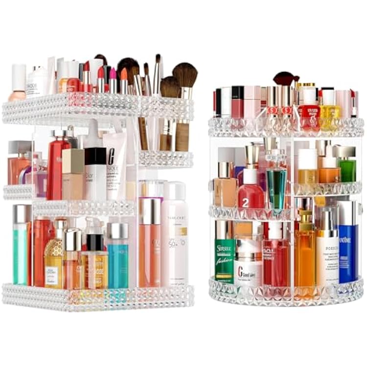 Rotating Makeup Organizer for Vanity, 2PCS Organizador De Perfumes High-Capacity Acrylic Make Up Storage Skin Care Organizers, Cosmetic Storage Vanity Countertop Plus Size Clear