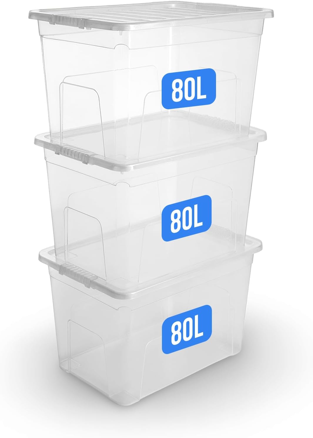 KAPCO Large Storage Box with Lid – 3 x 80L Clear Plastic Containers – Stackable Nesting Storage Bins for Clothes, Toys, Kitchen, Garage, Home & Office – BPA-Free, Made in UK, Heavy Duty Boxes