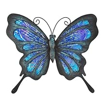HONGLAND Metal Butterfly Wall Decor Outdoor Indoor Art Sculpture Hanging Glass Decorations Blue for Home Garden Bedroom (Blue)