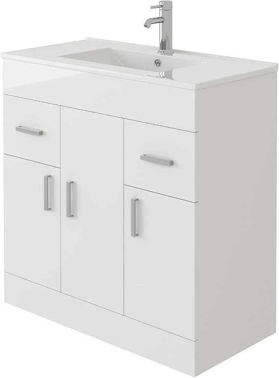 VeeBath Sphinx High Gloss White Free Standing Basin Vanity Cabinet Unit & Rectangular Sink - 800mm