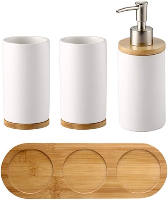 4-Piece Ceramic Bathroom Set Includes Soap Dispenser Pump, Toothbrush Holder, Tumblers, Wooden Tray