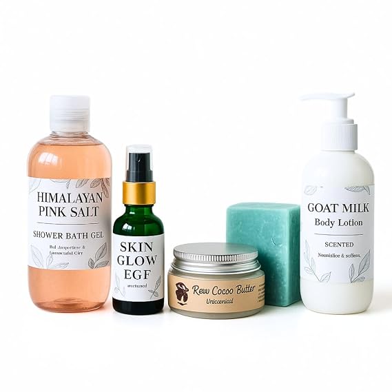 Nature Skin Shop Glow Beauty Bundle- 5 Piece Spa Gift Set for Women - Complete Face & Body Ritual with Shower Gel, Soap, Serum, Body Lotion, and Cocoa Butter