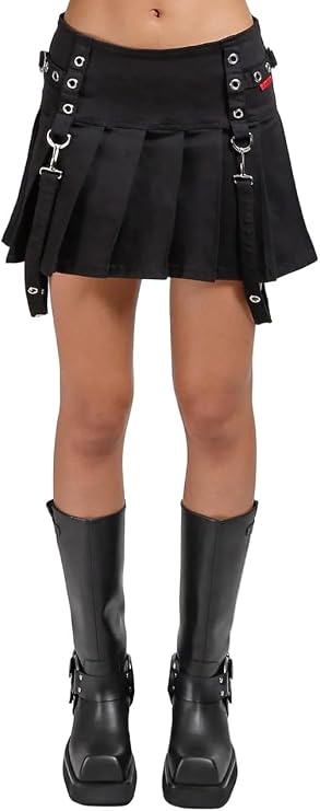 Tripp NYC Pleated Grommet Skirt, Black, Mini Length, Cotton Blend, Metal D-Ring