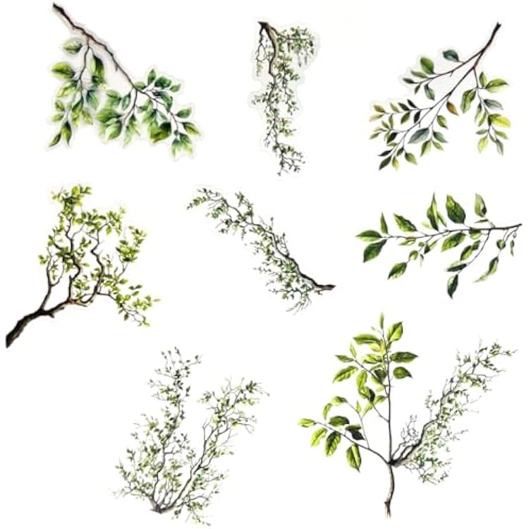 20pcs PET Transparent Tree Branch Leaves Vinyl Stickers Decals Bulk Clear for Wall Crafts Envelopes Scrapbooking Cards Water Bottles Journaling Vehicles Windows Truck Decorations for Adults Green