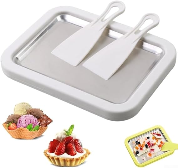 DIY Rolled Ice Cream Maker Kit No Electricity Needed Stainless Steel Cold Plate Tray with 2 Spatulas for Family Fun Home Dessert Making Green White Pink(w1)