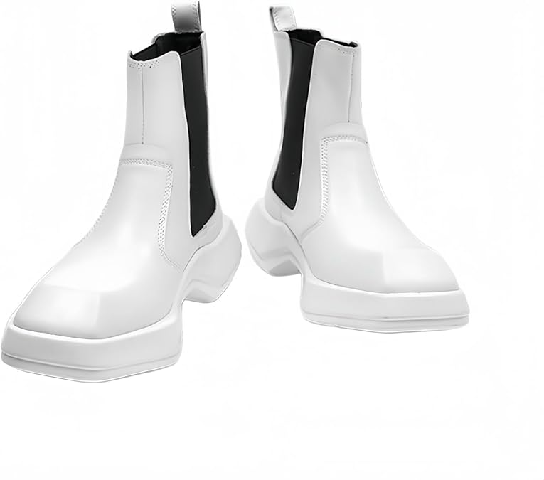 Men'S Chelsea Boots Motorcycle Style - Chunky Platform Square Toe Leather Boots For Men Rugged Ankle Biker Boots With Pull-On Tab (Black & White)
