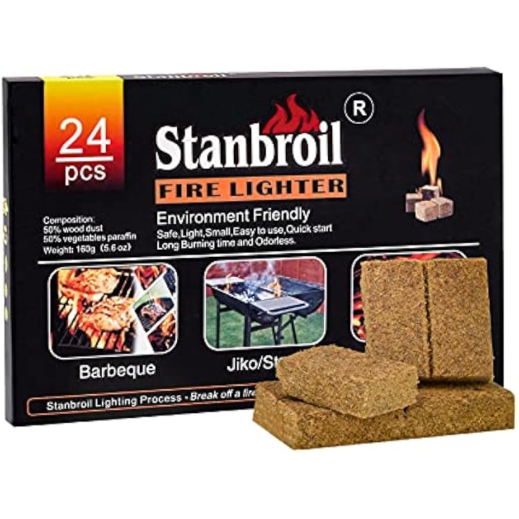 Stanbroil 24 pcs Fire Starters, Squares Natural Charcoal Fire Starters Super Fast Lighting Perfect for Barbecue Grills, Smokers, Wood Stove, Campfires and Outdoor Fireplaces