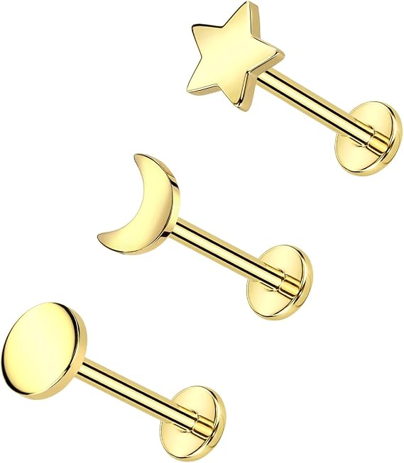 3pcs G23 Titanium Threadless Cartilage Earrings Moon Star Flat Back Stud 18g Nose Stud Lip Ring Helix Tragus Piercing Jewelry for Women