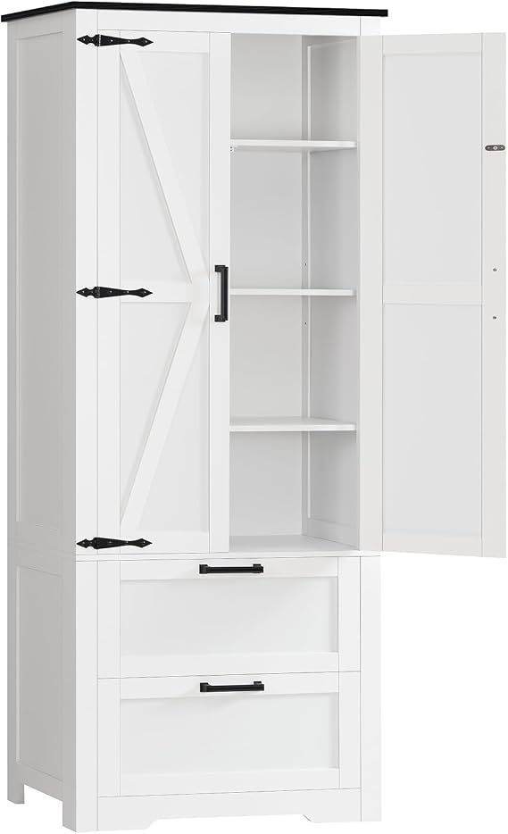 66.1" H Storage Cabinet with 2 Drawers, Farmhouse Kitchen Pantry Cabinet with 2 Doors & Adjustable Shelf, Bathroom Cabinet, for Living Room, Kitchen, Bathroom, White