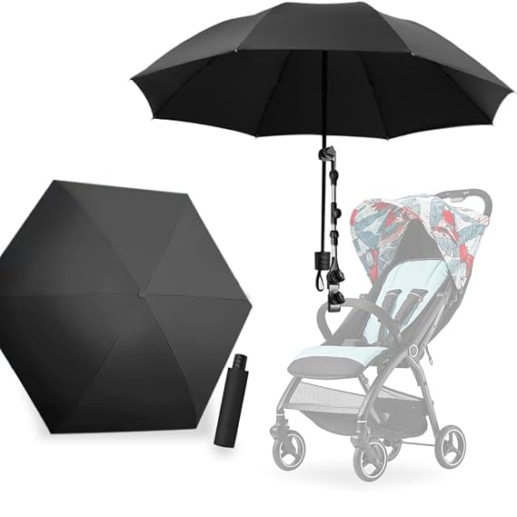 Stroller Umbrella Attachment, Umbrella for Stroller Sunshade, Sun UV Protection Stroller Sun Shade,Clip on Umbrella for Stroller, Adjustable Steering Angle, for All Kinds of Strollers