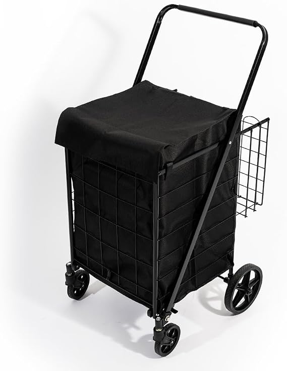 4 Tekerlekli 80 L Katlanabilir Kılıflı Pazar Arabası – 360° Dönebilen Metal İskeletli Siyah Alışveriş Arabası