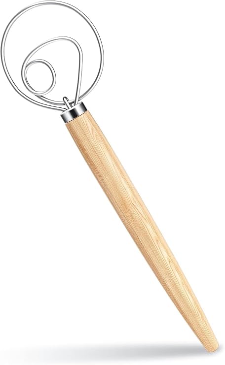 Danish Dough Whisk 13 Inch Long Wooden Handle Bread Dough Whisk Stainless Steel Ring Bread Dough Mixer Bread Whisk for Dough Bread Cake Pizza and Biscuits
