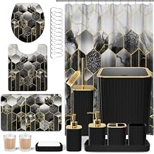 XLHOMO Bathroom Set - 26PC Bathroom Set with Shower Curtain and Rugs, Bathroom Accessory Set, Black Bathroom Accessories Set, Trash Can & Soap Dispenser