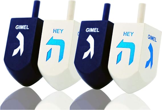 Hanukkah Dreidel 10-Pack Extra Large Blue & White 3" Inch Wooden Dreidels Hand Painted, Includes Game Instruction Cards! (10-Pack XL Dreidels)