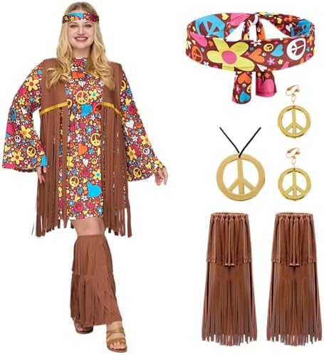 Spooktacular Creations Hippie Costume Women, Halloween 70s Outfits for Women, Adult Hippie Dresses for Halloween Party