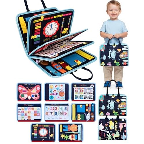 Montessori Busy Board for Toddlers, 8-Page Sensory Activity Book for Fine Motor Skills & Basic Dress Learning, Portable Travel Toy for Preschool Kids, Birthday Gift for Boys and Girls Blue