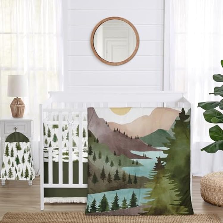 Sweet Jojo Designs 6-Piece Baby Crib Bedding Set Sage Green Woodland for BoysGirls, InfantsNursery incl. BreathableBaby Mesh Liner Blanket, Fitted Sheet, Skirt, Diaper Stacker Forest Themed, Sun