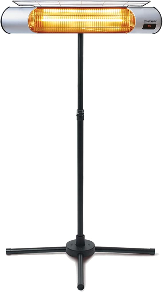 Sengoku HeatMate Weatherproof Outdoor Graphite Heater with Tripod Stand and Remote Control for Decks, Patios, and Backyard Areas, Silver