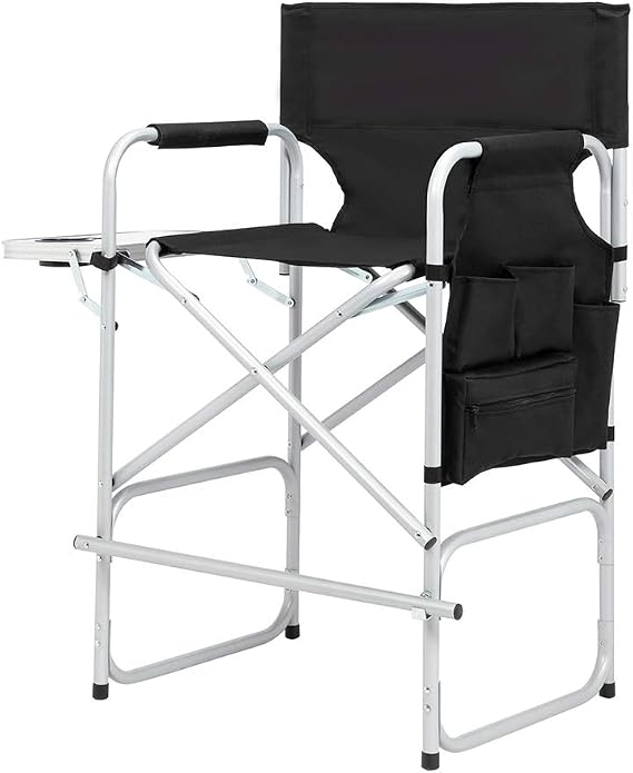 26" Tall Directors Chair With Side Table, 300Lbs, Black