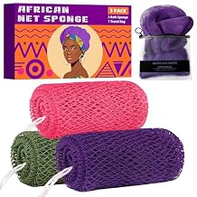 African Net Sponge Authentic, 3 Pieces Exfoliating Scrubber Bath Sponge for All Skin Types, Back Scrubber Loofah Washcloth for Shower, Gentle Exfoliation, Gift 1 Travel Bag Purple, Pink, Dark Green