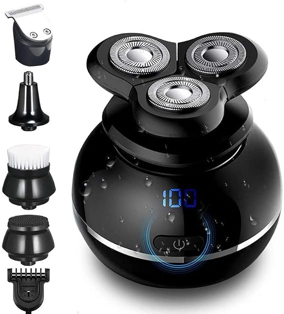 Electric Shavers for Bald Men, Electric Shaver for Men 5 in 1 Waterproof Razor Beard Trimmer Grooming Kit with Nose Trimmer Hair Clipper Face Cleansing Brush