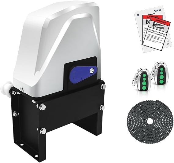 TOPENS CK1100 Automatic Sliding Gate Opener Chain Drive Electric Gate Motor for Heavy Driveway Slide Gate Up to 2800 Pounds, Security Gate Operator AC Powered with 20ft Roller Chain and Remote Control