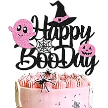 Happy Boo Day Cake Topper Pink and Black Halloween Cake Decoration Halloween Ghost Witches Bat Spider Pumpkin Theme for Kids Girl Birthday Baby Shower Party Supplies