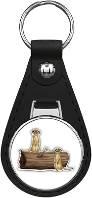 Meerkats Log Black Leather Key Chain Keychain Silver Ring