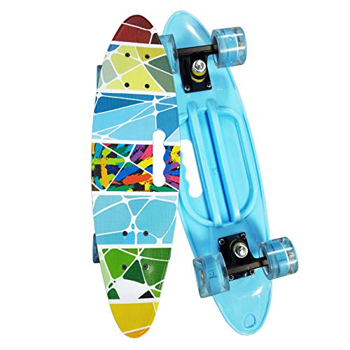 Runyi 24 inch Complete Plastic Mini Cruiser Retro Skateboard with Handle Colorful LED Light PU Wheels for Girls Boys Kids Adult Teens Beginners