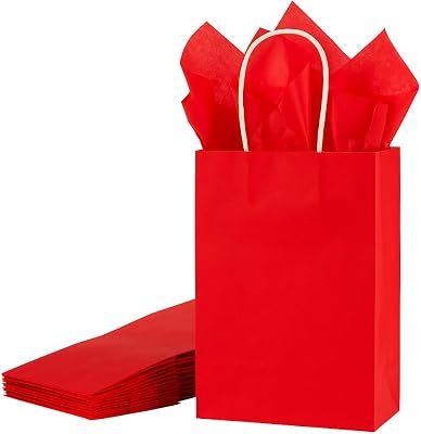 SUNCOLOR Red Gift Bags with Tissue Paper, 24 Pack Small Kraft Paper Shopping Bags with Handles, 7.9x5.12x3.15 Inches, for Christmas, Valentines Day, Birthdays, Anniversaries