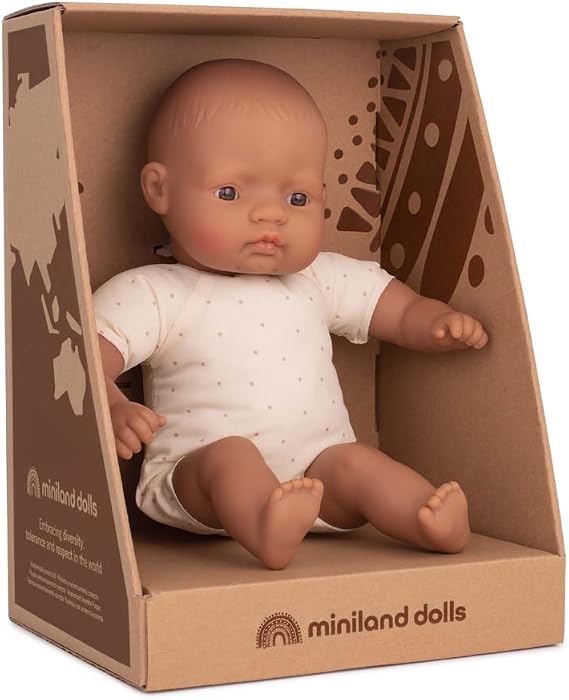 Miniland Dolls: 32cm Latin American Baby Doll with Soft Fabric Body in Gift Box