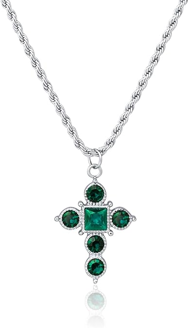 Cross Pendant Necklace For Women- Emerald Cubic Zirconia Diamond Chain Necklaces- Stainless Steel Crosses Non Tarnish Womens Trendy Jewelry- Dainty Religious Christian Jewelry Gifts for Young Ladies