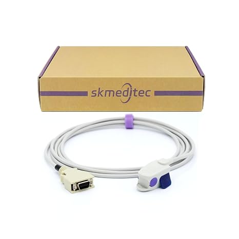 skmeditec SpO2 Sensor Direct Connect Cable with Chip Compatible with Masimo SpO2 Technology Monitors, 9.8FT Reusable Small Clip Probe with 14 Pins Connector, Replacement Cord