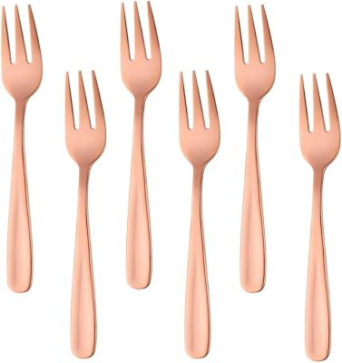 QRU Stainless Steel Dessert Forks, 6 Pieces 3-tine Cocktail Mini Salad Fruit Fork Sets, 5.5 Inch Dishwasher Safe Great for Picnics, Camping, BBQs Rose Gold