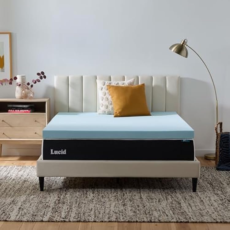 Lucid 3 Inch Memory Foam Mattress Topper, King Size Cooling Gel Bed Topper Preassure-Relieving Deep Plush Feel Ventilated Breathable Design CertiPur Certified - Dorm Room Essentials