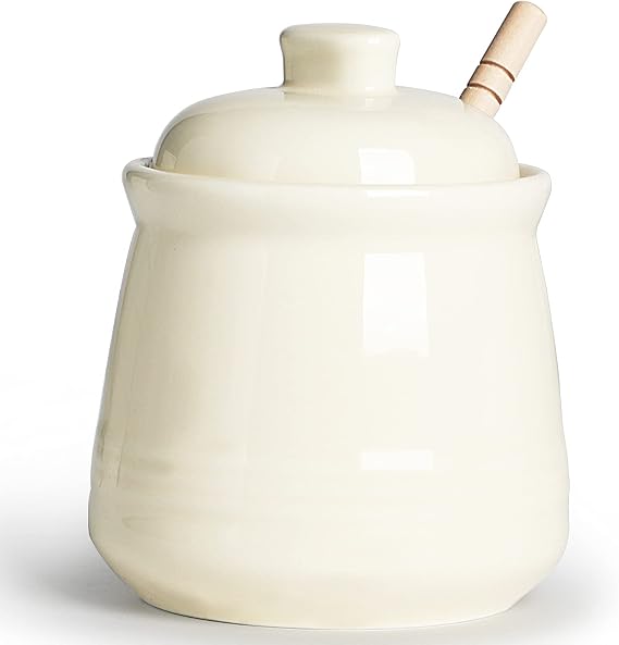 LEETOYI Porcelain Honey Jar with Lid and Honey Dipper,Ceramic Honey pot,12oz (Beige)