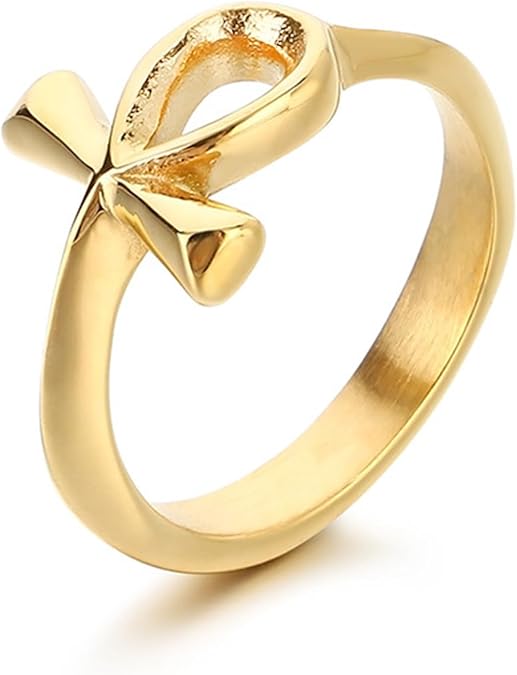 Egyptian Ankh Spiritual Protection Ring Goddess Isis Symbol of Eternal Life, Dainty Titanium Steel Band, Stackable Vintage Minimalist Jewelry for Women Men