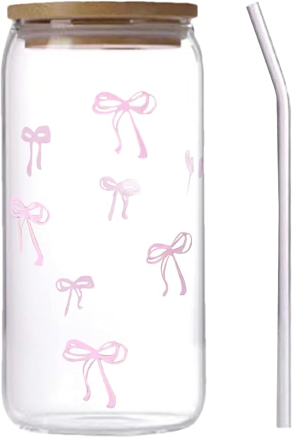 Glass Tumbler with Straw and Lid | 500ml Cute Bow Tumbler,Mug | for Teen Girls Iced Coffee Tea Drinking Water Bar Home Kitchen
