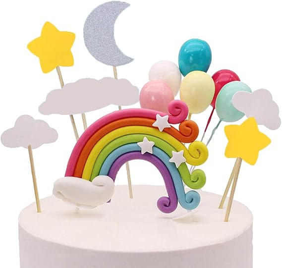 Palksky Colorful Rainbow Cake Topper/Wedding Cake Flags/Cupcake Picks Set -Include Cloud Balloon Moon Stars/Boy Girl Kid Birthday Baby Shower Party Baking Decoration Supplies